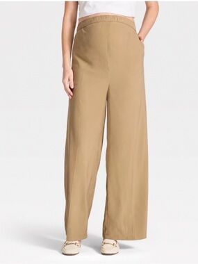 Wide Leg Tan Maternity Elastic Waist Pants - Isabel by Ingrid + Isabel -Small